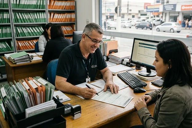 Despachante orientando cliente no processo de licenciamento de veículo.