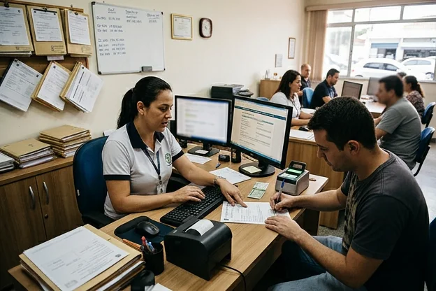 Profissional de despachante assessorando cliente na renovação da CNH.